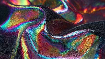 Holographic Halloween fabric with shifting ghost patterns. Iridescent textile surface