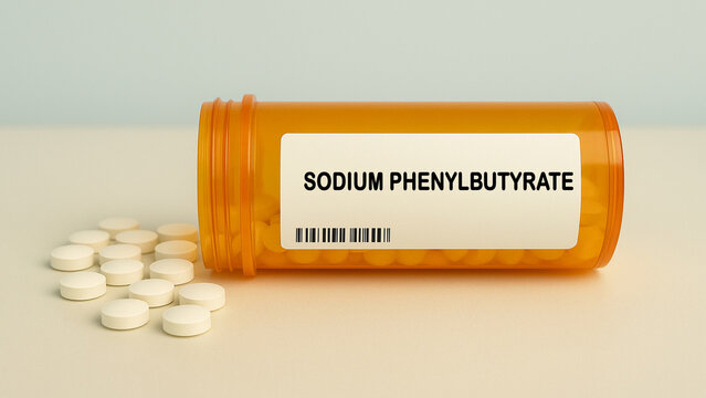 Box of SODIUM PHENYLBUTYRATE tablets on a hospital pharmacy table used to treat urea cycle disorders an ammonia scavenger.
