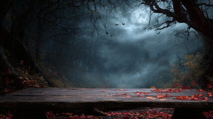 Spooky Halloween Forest Scene with Weathered Table, Red Autumn Leaves, Full Moon, and Bats