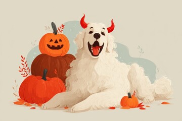 Happy Halloween Dog with Pumpkins and Red Horns