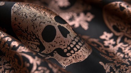 Fototapeta premium Metallic skull print on silk fabric. Luxury textile. Rose gold and black Halloween design