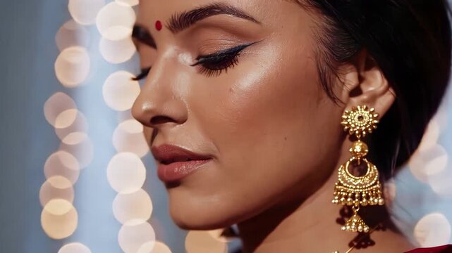 Elegant Indian woman close-up portrait in traditional attire with golden earrings and makeup, serene smile, cultural beauty, 4K video, mp4, 5 seconds  
