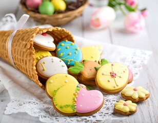 Colorful iced cookies in a waffle cone on a white wooden surface