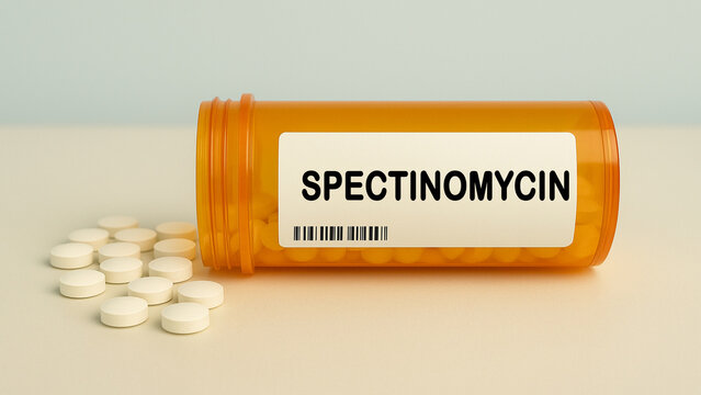 Box of SPECTINOMYCIN tablets on a hospital pharmacy table used to treat gonorrhea an aminocyclitol antibiotic.