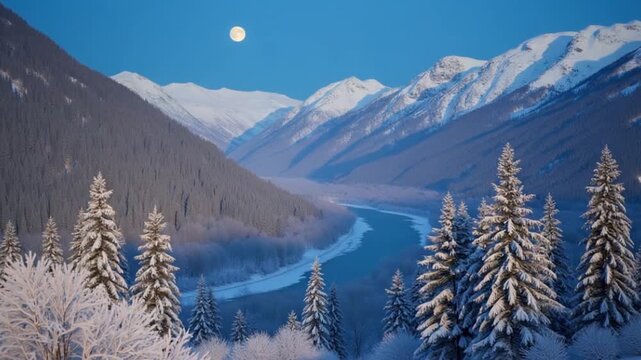 A serene winter landscape at dusk with snow-covered trees in the foreground, a meandering river, majestic mountains, and a full moon above