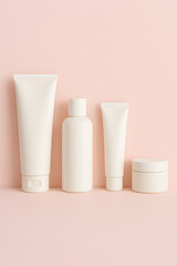 Elegant minimalist beauty product set for skincare and cosmetic branding with clean white containers