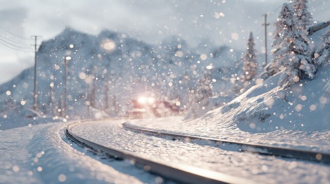 Snowy Mountain Railroad Tracks At Sunrise