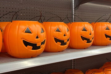 Plastic pumpkins buckets ready for Halloween