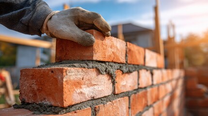 Construction Worker Laying Bricks With Mortar On Brick Wall