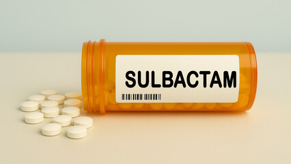 Box of SULBACTAM tablets on a hospital pharmacy table used with antibiotics to inhibit beta...