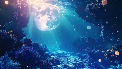 Underwater moonlit coral reef
