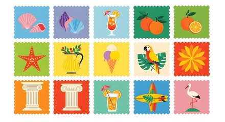 postage stamps with illustrations of summer vacation and exotic travel themes