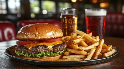 Gourmet burger, fries, and beer on a dark plate