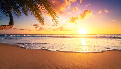 Tropical beach scene at sunset. Golden sun over ocean waves and sand. Palm leaves frame the view