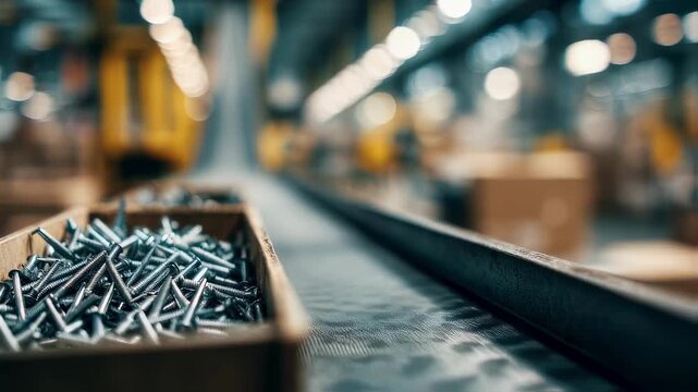 Medium shot of bulk nail packing with sharp focus on nails in container blurred background showing conveyor belt and packing station.