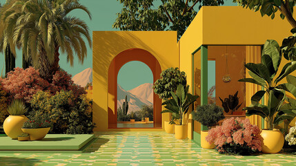 Dreamlike Desert Tropics: Surreal Architecture and Lush Oasis Landscapes in Heightened Reality Fantasy Environments