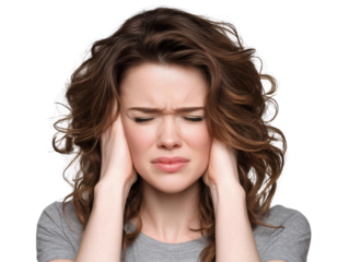 Woman covering her ears with hands and a painful expression on her face isolated on white and transparent background. Concept for tinnitus relief, noise sensitivity and hearing problem awareness