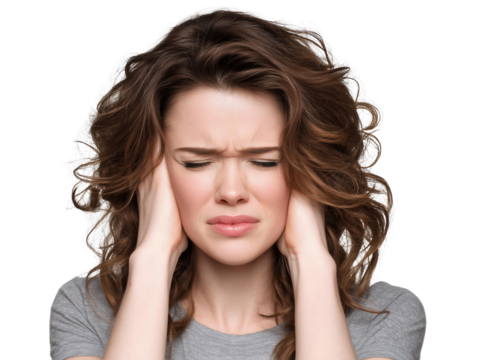 Woman covering her ears with hands and a painful expression on her face isolated on white and transparent background. Concept for tinnitus relief, noise sensitivity and hearing problem awareness - Powered by Adobe
