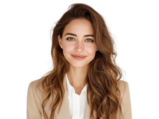 Portrait of a smiling young professional woman with long brown hair, wearing a beige blazer and white shirt. Concept for corporate profile, business presentation and online communication.
