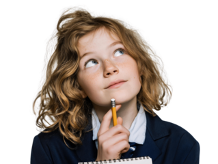 Blond girl with curly hair holding pencil, looking up with thoughtful expression, concept for education on white and transparent background, childhood development and creative learning