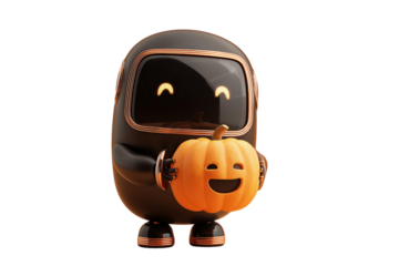 3D robot character holding smiling jack-o'-lantern on white and transparent background, concept for Halloween celebration, autumnal designs and technology themed decorations