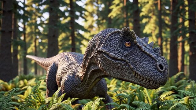 Allosaurus dinosaur walking in prehistoric forest, detailed predator animation, 4K video, mp4, 5 seconds  
