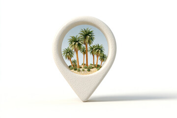 A minimalist map pin frames a tiny tropical scene with tall palm trees on a sunny island, creating a clean, modern focal point. The pin opens a window to paradise.