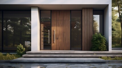Elegant modern home entrance featuring a large wooden door and minimalist landscaping