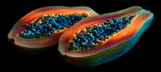 Obraz premium Fresh papaya fruit halves with seeds on black background healthy tropical food diet nutrition concept