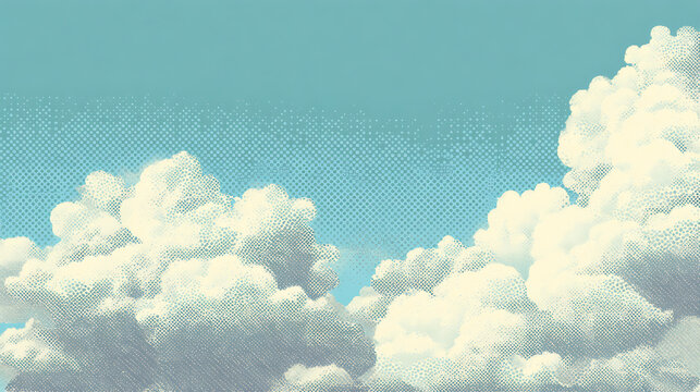 A vibrant, stylized illustration of fluffy white clouds against a bright blue sky, presented with a retro comic book or cartoon aesthetic.
