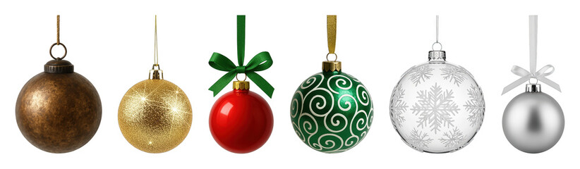 Christmas ornament set including bronze, gold glitter, red glossy, green swirl, clear snowflake, and silver matte baubles isolated. Festive holiday decoration.