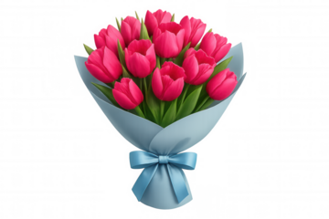 Delicate pink tulips bundled in soft blue wrapping, adorned with coordinating ribbon against transparent backdrop