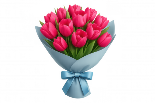 Delicate pink tulips bundled in soft blue wrapping, adorned with coordinating ribbon against transparent backdrop
