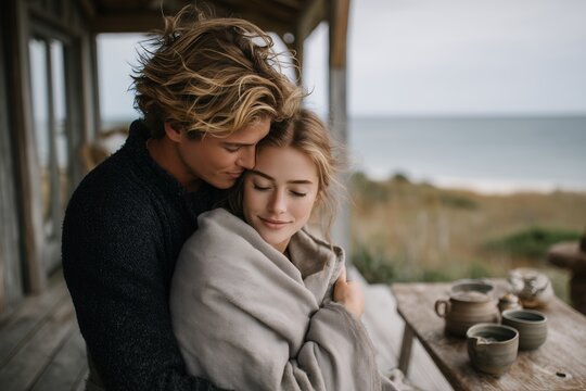 Romantic couple embracing wrapped in blanket on wooden porch with ocean view, concept for cozy lifestyle, relationship goals and seaside getaway