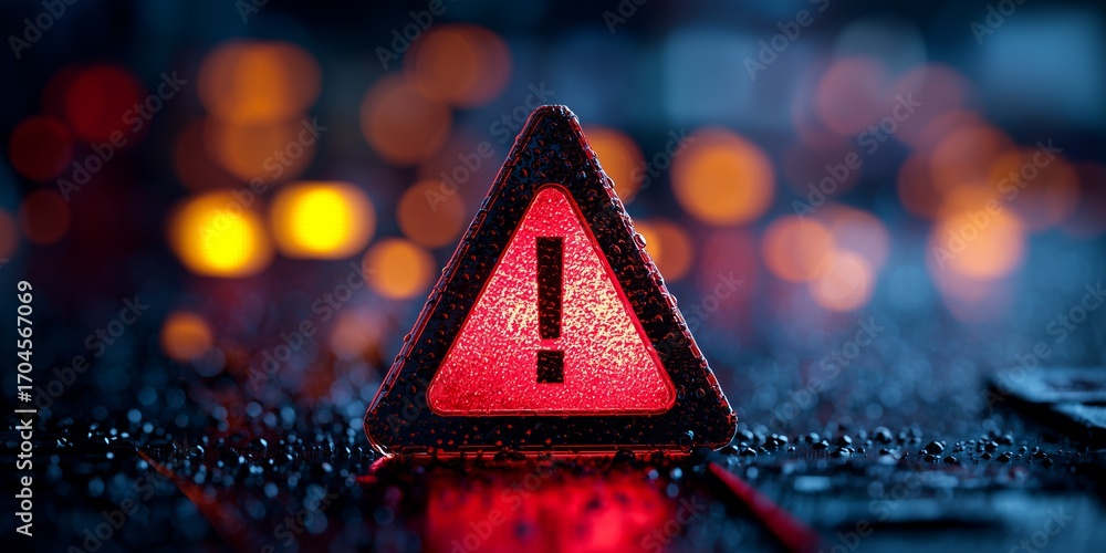 Poster close-up of a red warning triangle sign with exclamation mark on a dark surface with bokeh lights, c