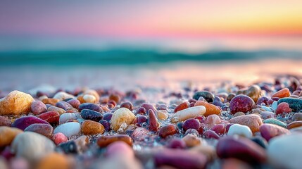 Colorful Pebbles On A Seashore At Sunset