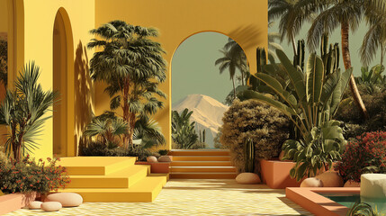 Dreamlike Desert Tropics: Surreal Architecture and Lush Oasis Landscapes in Heightened Reality Fantasy Environments