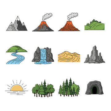Set of  landscape icons in hand drawn doodle style. Vector illustration with mountain, volcano, hill, river, waterfall, desert dune, rock, sunrise, forest, cave