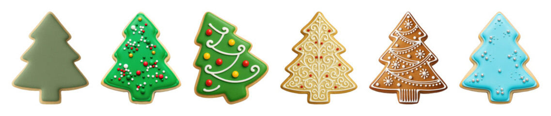 Christmas tree cookie set including iced, sprinkled, and gingerbread designs isolated. Festive holiday season dessert collection.