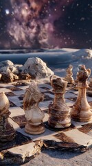 Cosmic Chess Game On Snowy Landscape