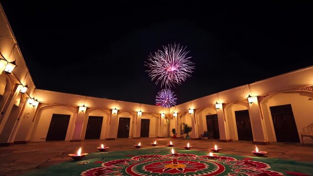 Courtyard decorated with rows of Diwali diyas and colorful rangoli, fireworks in night sky above, India festival, 4K video, mp4, 5 seconds  
