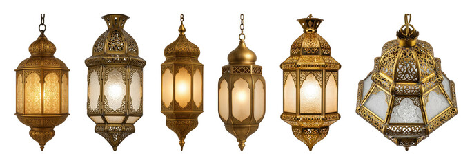 Ornate brass lantern set including various intricate designs isolated. Middle Eastern and Moroccan decorative lighting.