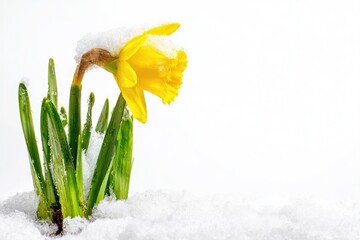 A yellow daffodil in snow.