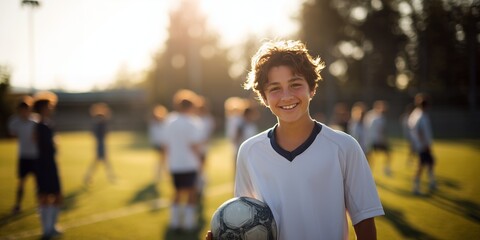 Smiling young soccer player holding ball on field with teammates practicing on sunny day. Concept for youth sports program, teamwork development and healthy lifestyle campaign