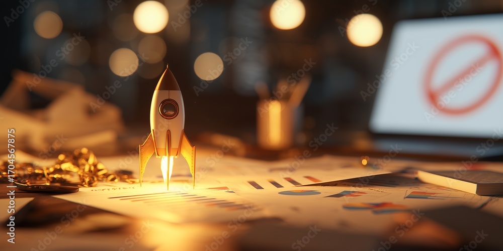 Poster toy rocket model takes off from business charts on a desk with laptop screen displaying a prohibitio