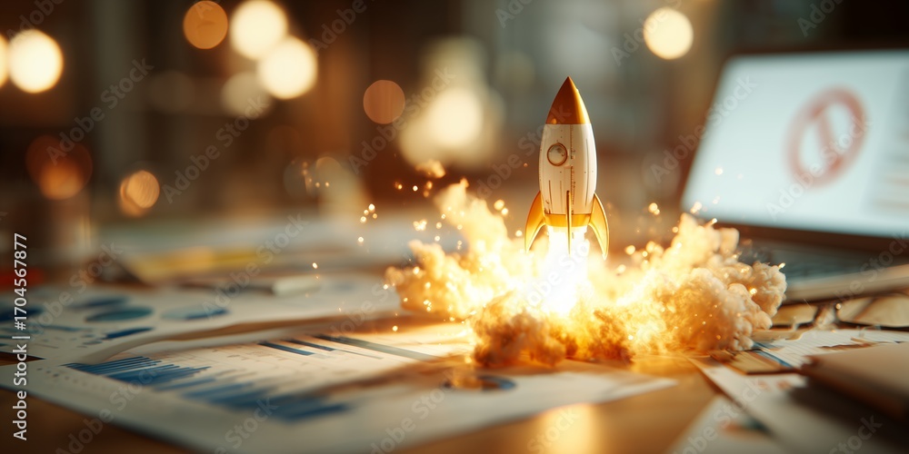 Poster rocket taking off from a desk with charts and a laptop displaying a prohibition sign, concept for st