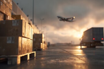Fototapeta premium Stacks of cardboard boxes on wooden pallets in a shipping yard with an airplane taking off, concept for global supply chain management, international trade and logistics solutions