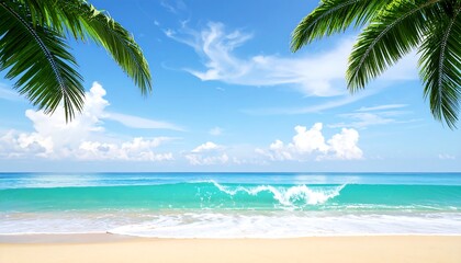 Fototapeta premium Tropical beach scene with clear turquoise water, palm fronds, white sand, and a bright blue sky with clouds