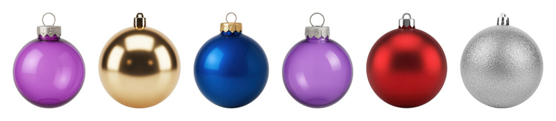 Christmas ornament set including glossy, metallic, matte, and glitter baubles in various colors isolated. Festive holiday decoration collection.
