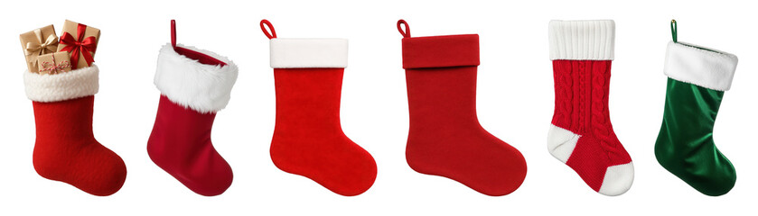 Christmas stocking set including felt, plush, knitted, and velvet variants, one with gifts isolated. Holiday decoration and gift collection.